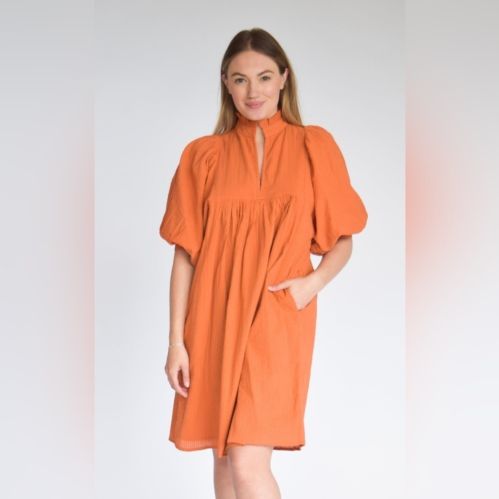Never a wallflower High Neck Burnt Orange Seersucker Mini Dress - Size Small
